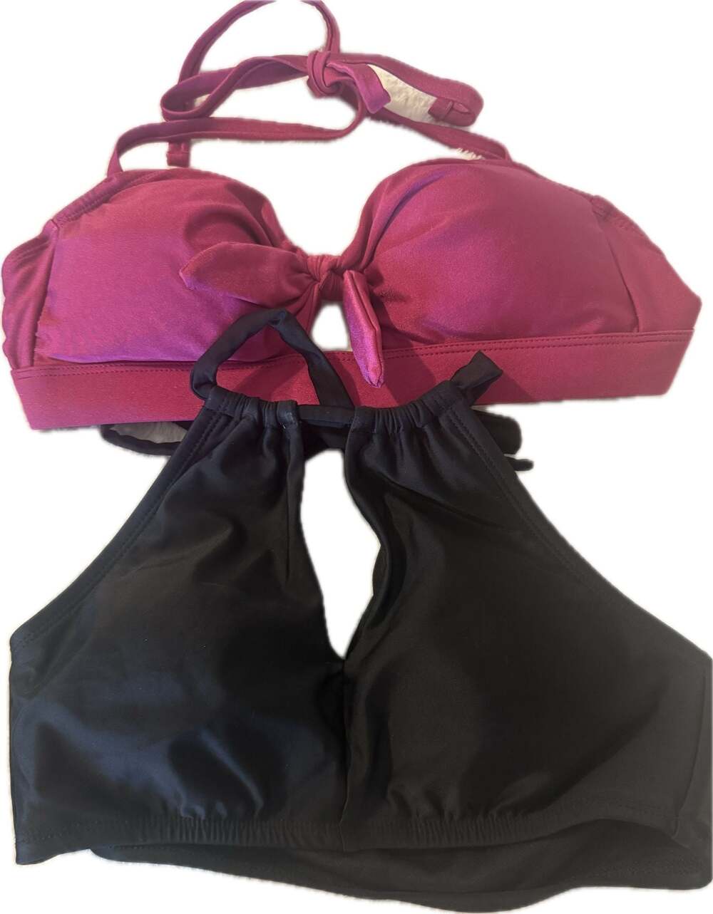 Time and Tru Women's Bikini Swim Top Bundle (1 Pink Tie-Front, 1 Black Halter)